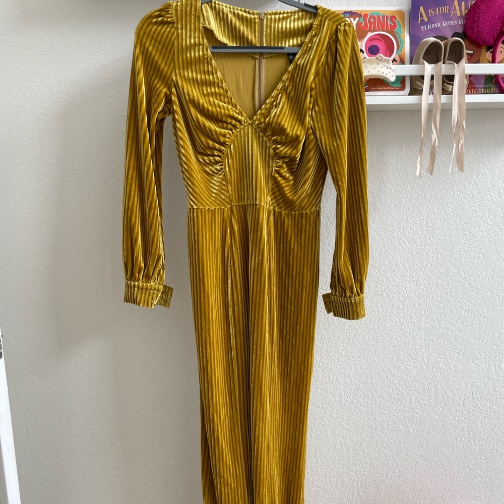 Long Mustard Yellow Gold Velvet Vintage Inspired Dress